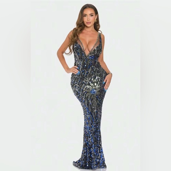 Zena Blue Sequin Deep V Mermaid Maxi Dress – Medium – NWT - Picture 2 of 12